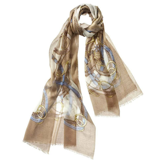 Cashmere Equestrian Print Scarf (Camel/Ivory)