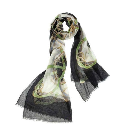 Cashmere Equestrian Print Scarf (Black/Mint)