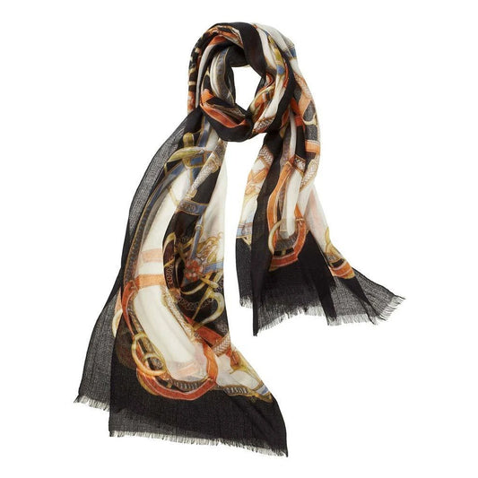 Cashmere Equestrian Print Scarf (Black/Tangerine)